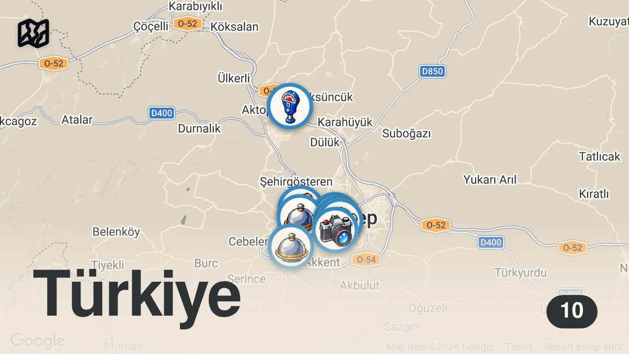Map of 10 spots from GAZİANTEP’TE 3 SAATTE 6000 TL SERİSİ!!!