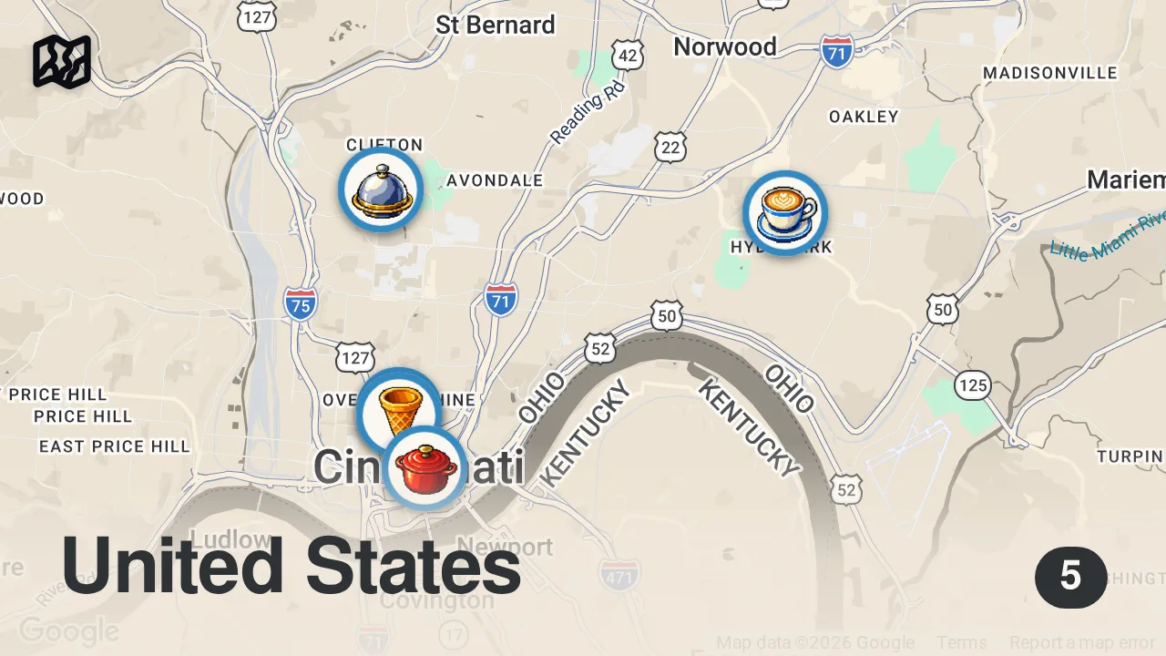 Map of 5 spots from First day eating in CINCINNATI! Goetta omelette, wet burger, Italian hot spot and iconic ice cream!