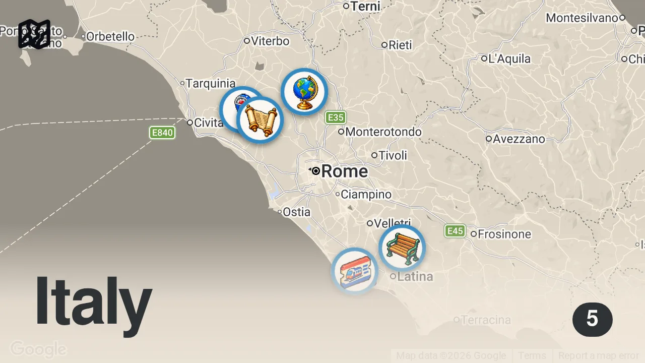 Map of 5 spots from 5 Borghi vicino Roma perfetti per una gita fuori porta nel Lazio