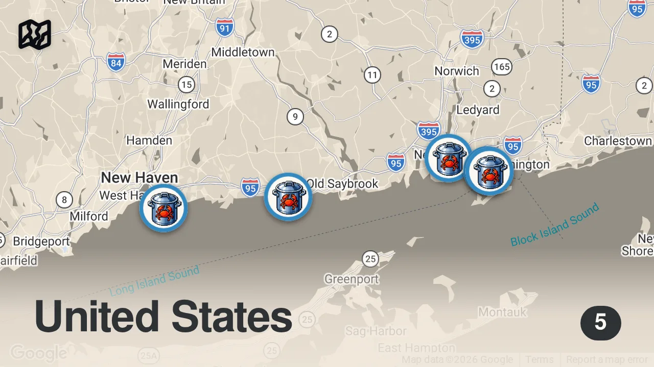 Map of 5 spots from EPIC LOBSTER ROLL TOUR in Connecticut - Food Crawl - DEVOUR POWER