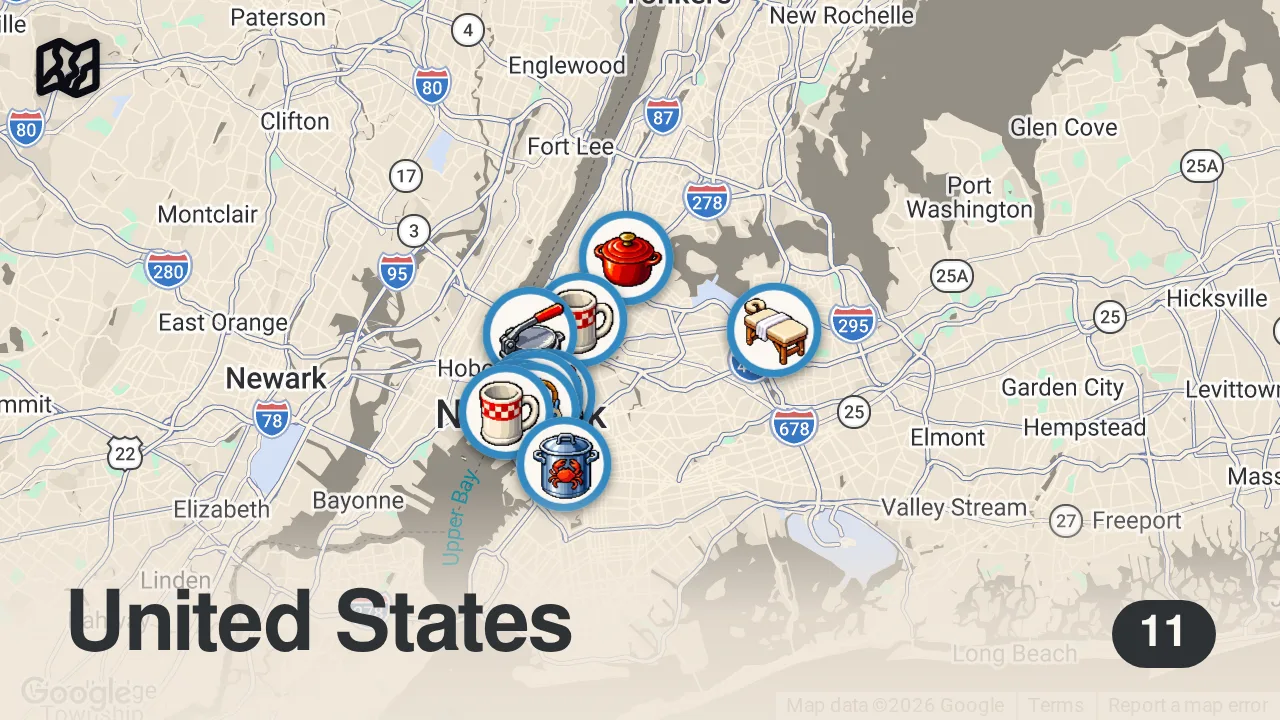 Map of 11 spots from Eating Every Decade in New York!