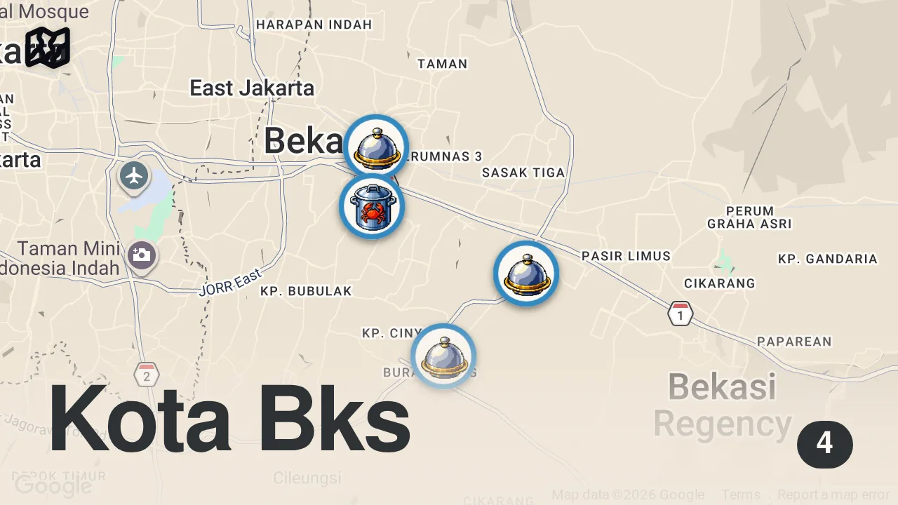 Map of 4 spots from SPICY Indonesian street food - EXOTIC BAKSO + CHICKEN BBQ - Indonesian street food in Bekasi