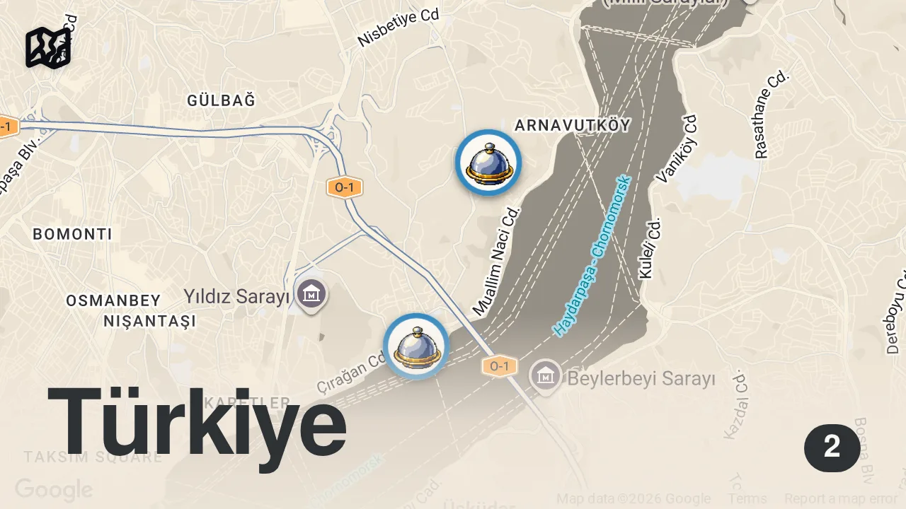 Map of 2 spots from BOĞAZ'DA LEZZETLİ BİR GÜN (Hesaplar Senden Bölüm 10) - Ayaküstü Lezzetler