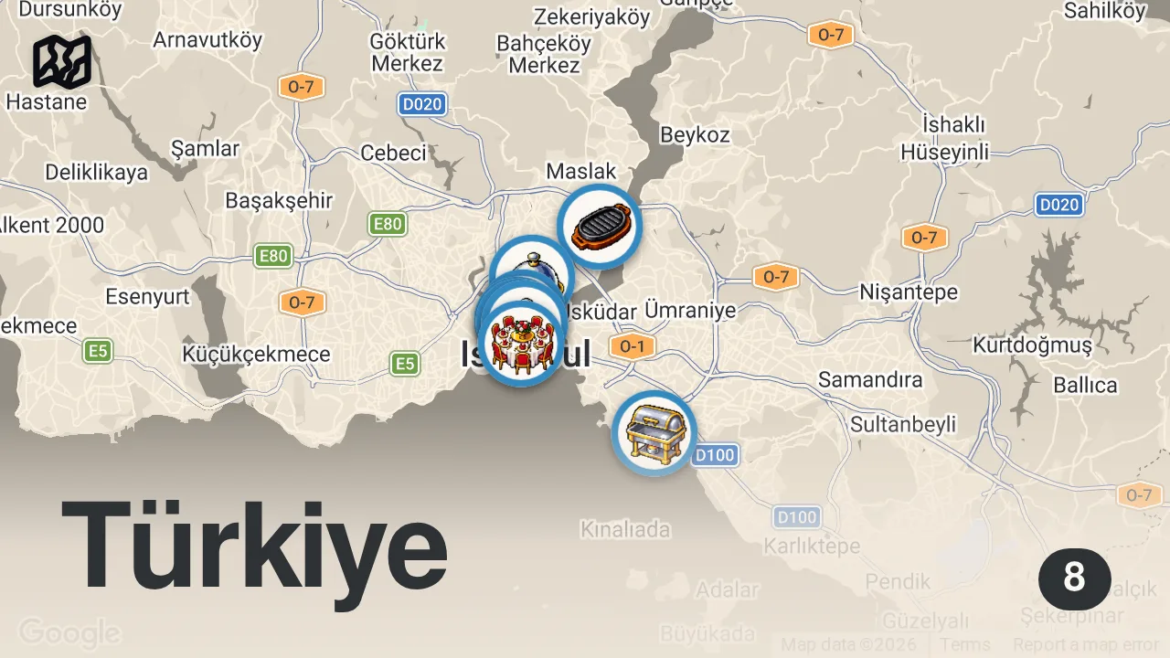 Map of 8 spots from I Tried Istanbul’s Most Viral Foods 🇹🇷 | San Sebastian, Wet Burger, Nusr-Et – Hype or Nah?