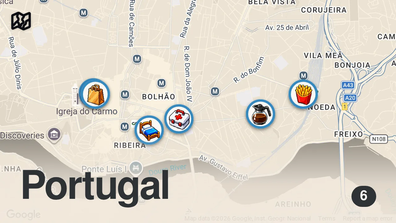 Map of 6 spots from Portugal Street Food!! 🇵🇹 KING OF SANDWICHES - Portuguese Food Tour in Porto!