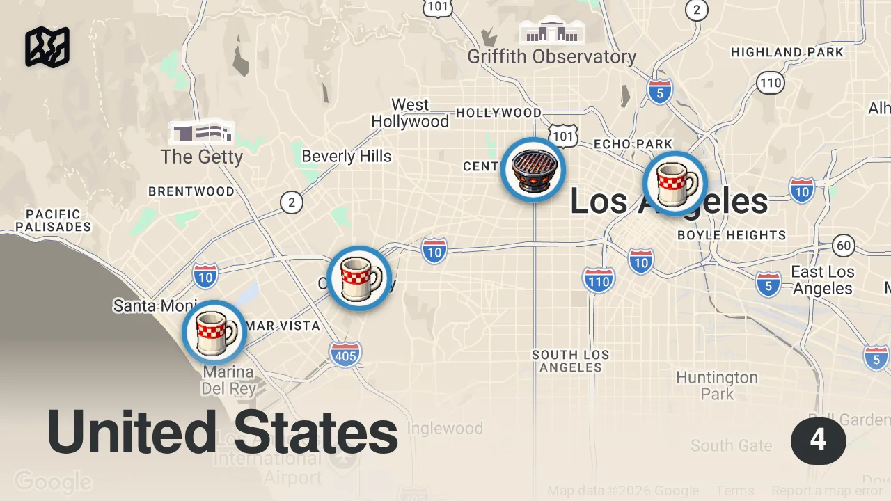 Map of 4 spots from Finding The Best Fried Chicken In Los Angeles | Food Tours | Insider Food