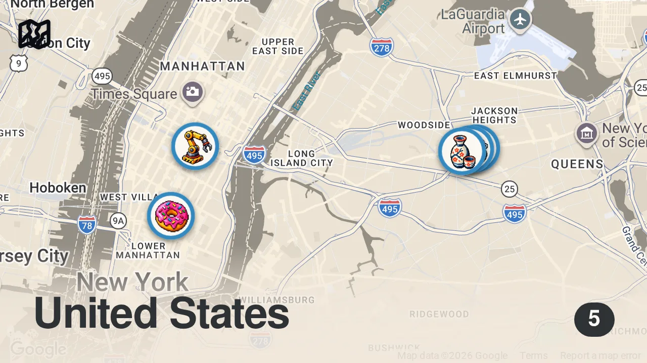 Map of 5 spots from I Tried NYC Restaurants After Midnight