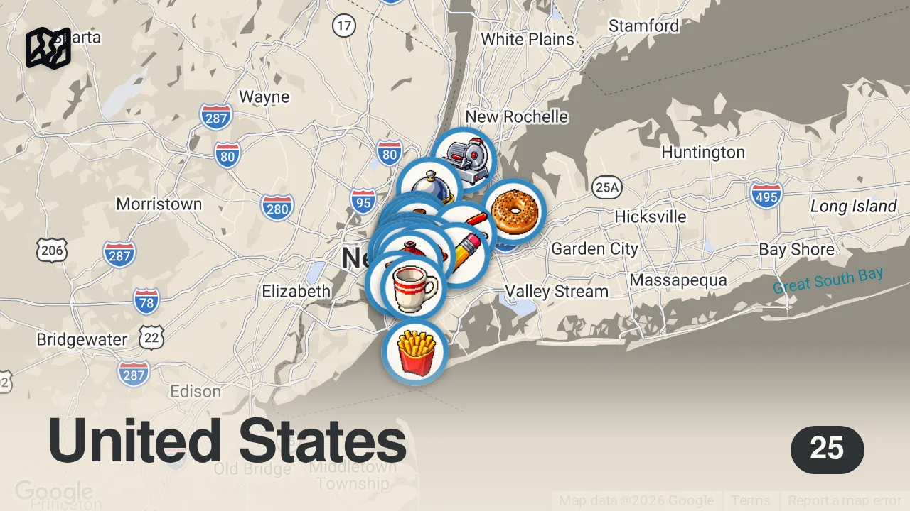 Map of 25 spots from 25 Bucket List NYC Foods | Insider Food Marathon