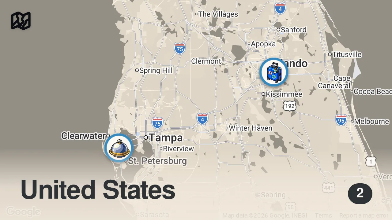 Map of 2 spots from Eating at Weird Themed Restaurants for 24 Hours