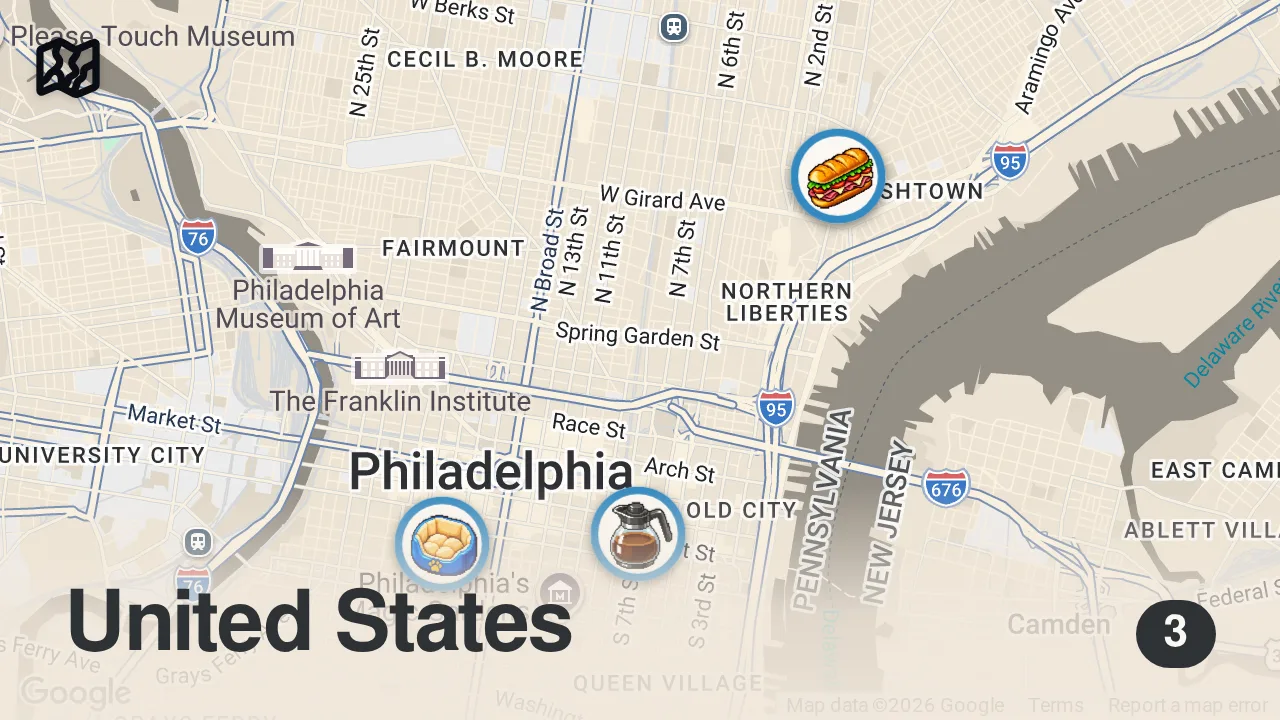 Map of 3 spots from Day 2 of showing our foster dog around Philly.