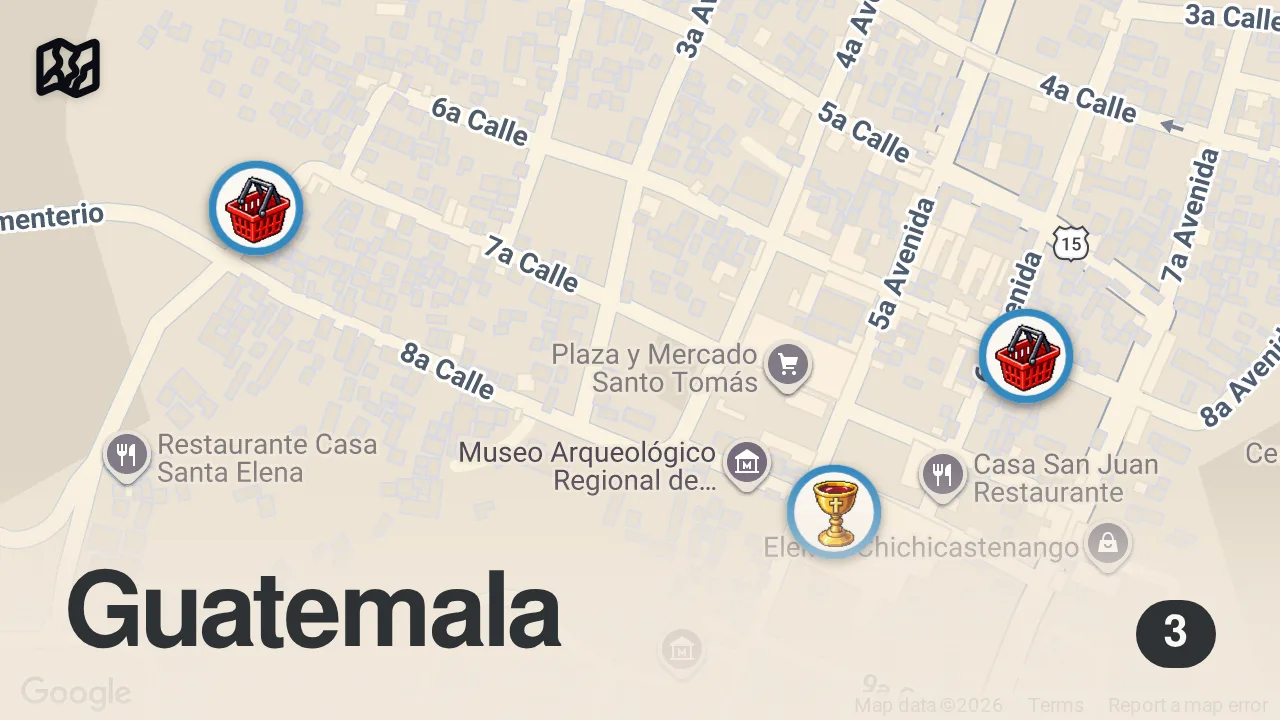 Map of 3 spots from $2 Guatemalan Street Food 🍗 Fried Chicken at Biggest Market in Central America!!