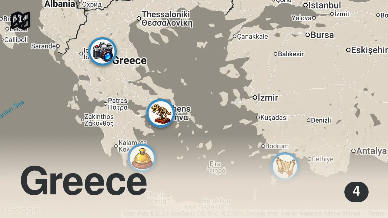 Map of 4 spots from π¬π· Griechenland β 30 Orte zwischen Antike, Byzanz, Venedig und Osmanen | Doku 4K