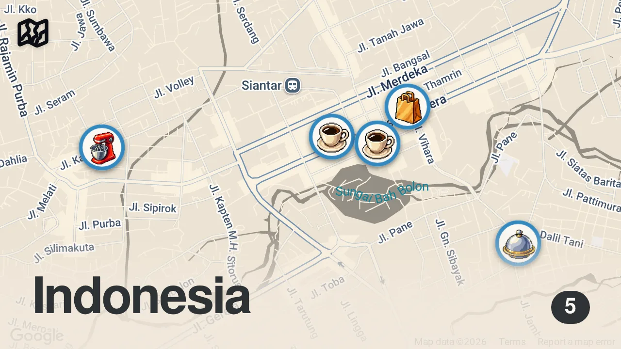 Map of 5 spots from BATAK food + INSANE noodles - DEEP Indonesian street food in SIANTAR, Indonesia
