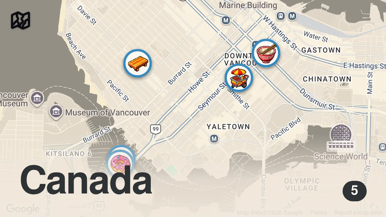 Map of 5 spots from INSANE 24-Hour FOOD Tour in Vancouver, Canada