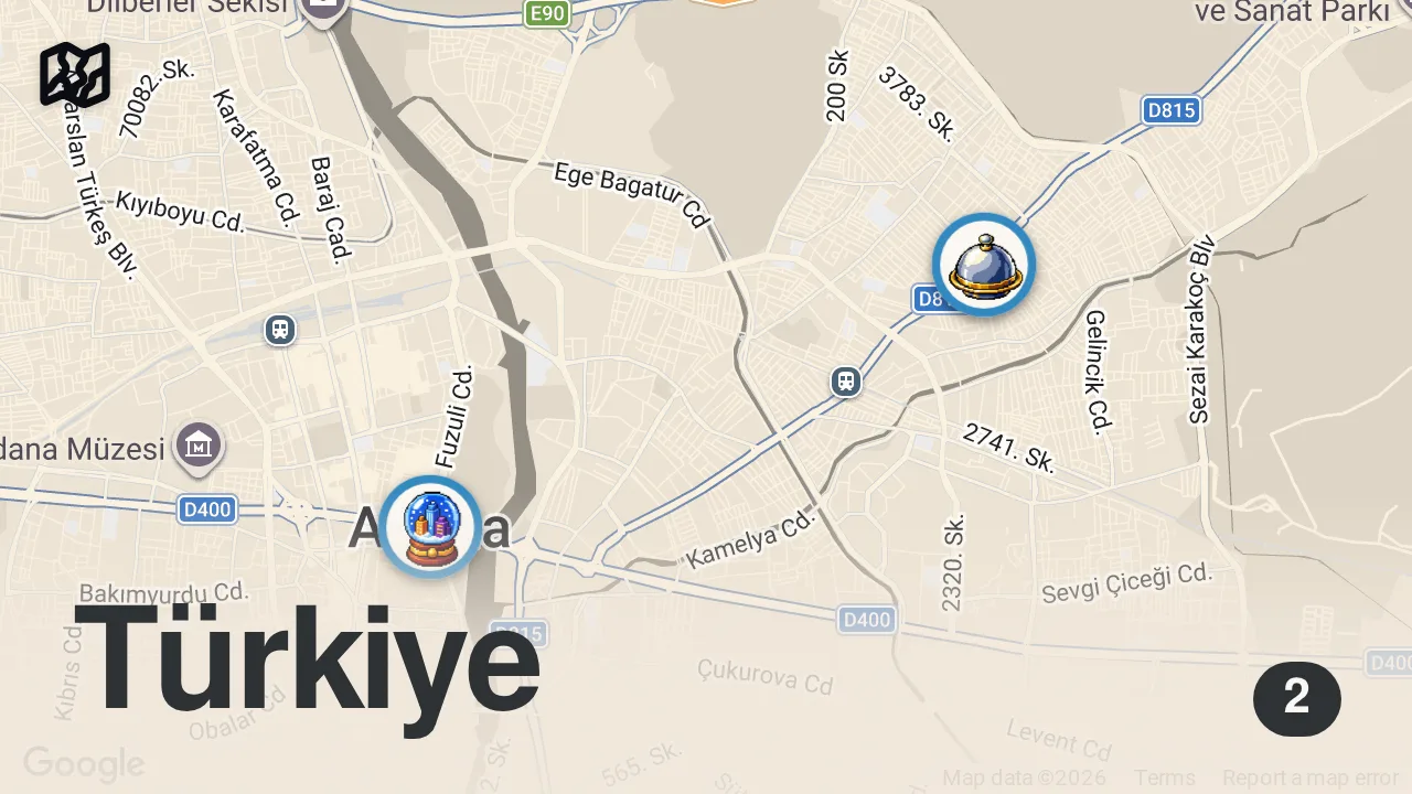 Map of 2 spots from Bol limonlu bol acılı bol kimyonlu fos ciğer tantuni tantunici Avdo dayı yüreğir Adana