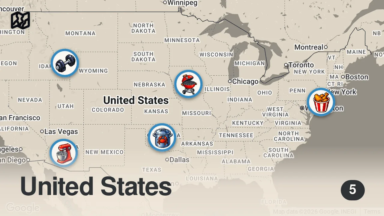 Map of 5 spots from Adam vs. the MOST INSANE Fried Food Challenges | Man v. Food | Travel Channel