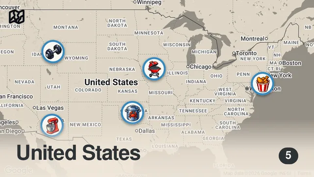 Map of Adam vs. the MOST INSANE Fried Food Challenges | Man v. Food | Travel Channel