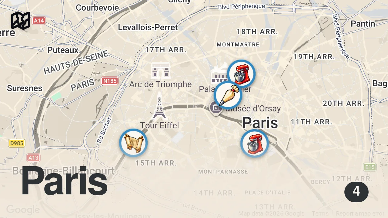 Map of 4 spots from Finding the Best Croissant in Paris