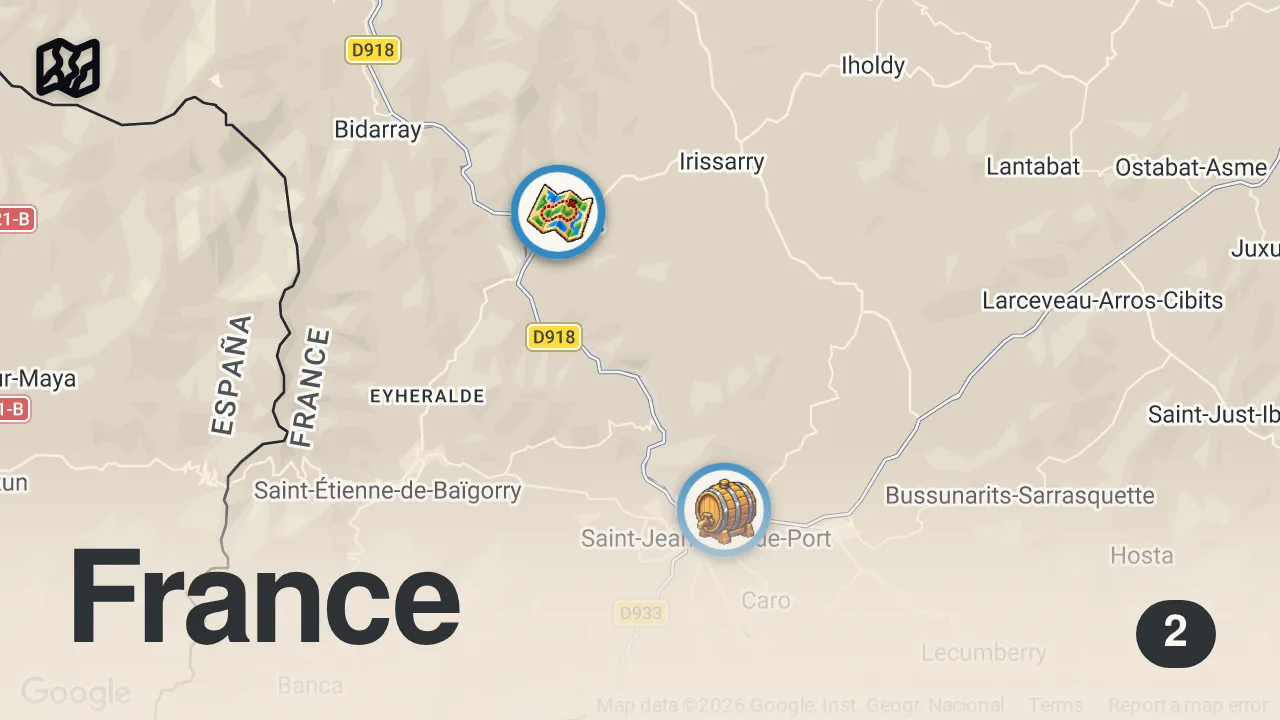 Map of 2 spots from How Luxury Saucisson Is Made In The French Basque Country | Regional Eats