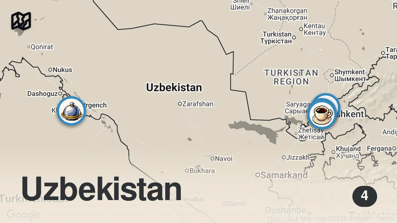 Map of 4 spots from 30 MUST TRY Uzbekistan Dishes That Will Change Your Life 🇺🇿