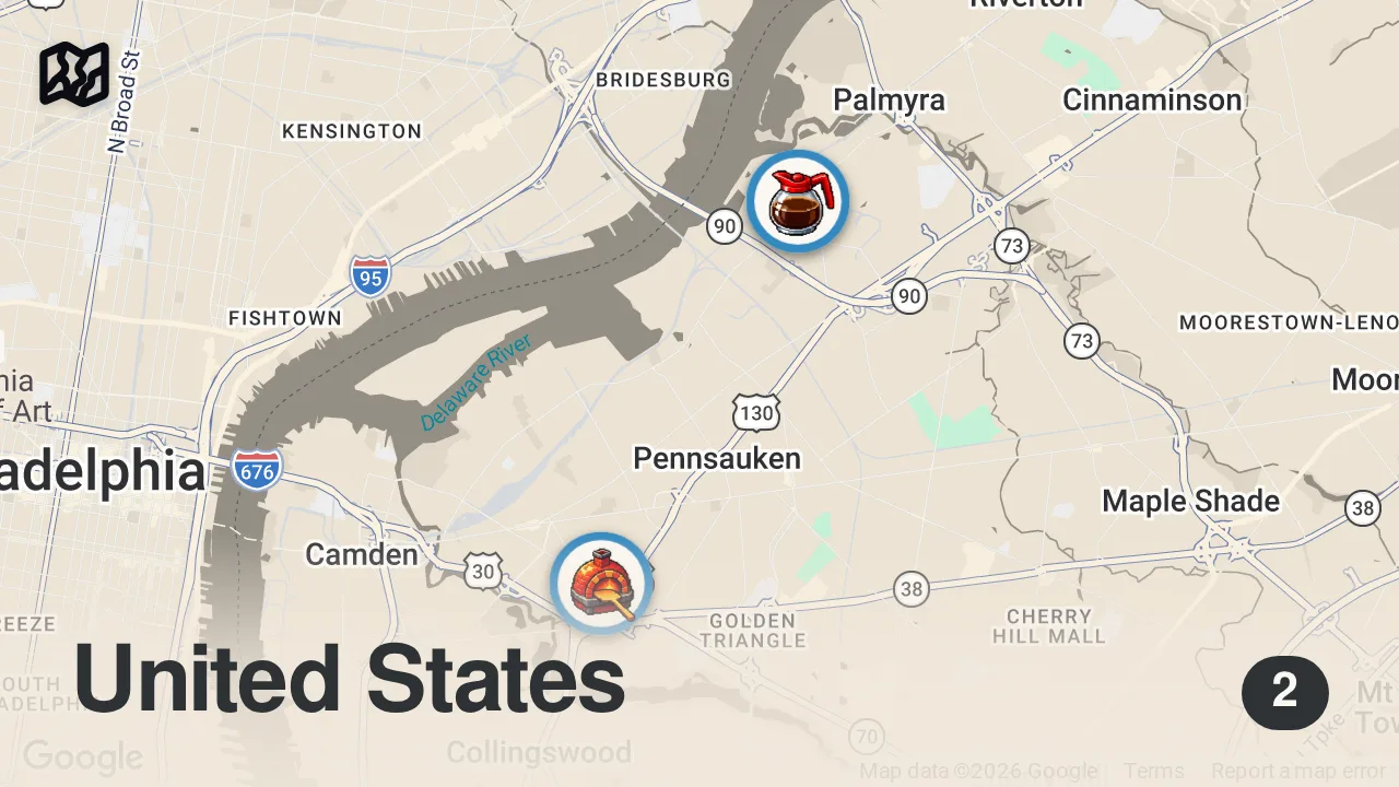 Map of 2 spots from $5 Cheesesteak & Rocco's Breakfast (South Jersey) Excellent Budget Eats