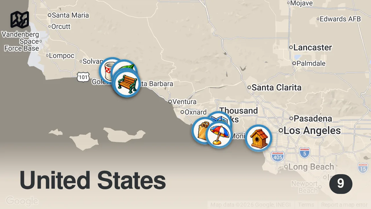 Map of 9 spots from Exploring California by Motorcycle | LA to Big Sur Moto Camping