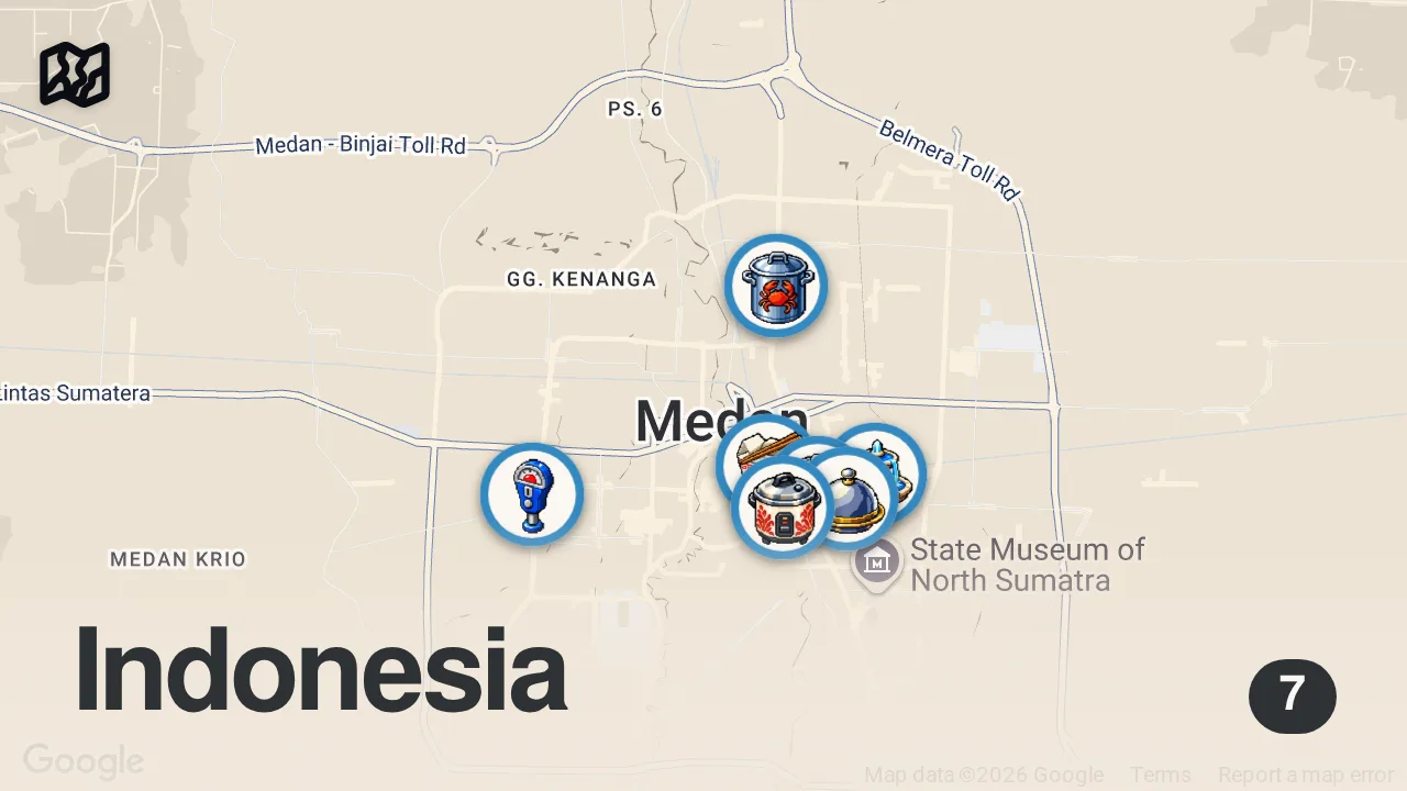 Map of 7 spots from Best Noodles in Asia? Medan noodle tour! Indonesian street food in North Sumatra