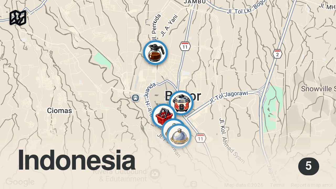 Map of 5 spots from BOGOR FOOD HEAVEN ๐ฎ๐ฉ Sop Buntut + Asinan + Es Cincau - Indonesian street food in Bogor, Indonesia