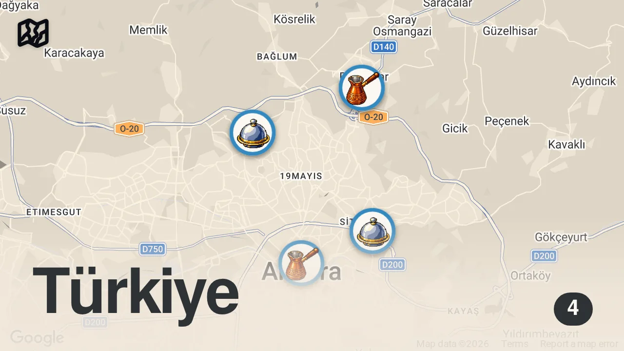 Map of 4 spots from 📍Ankara’da Denemeniz Gereken 3 Mekan 😍 işbirliği