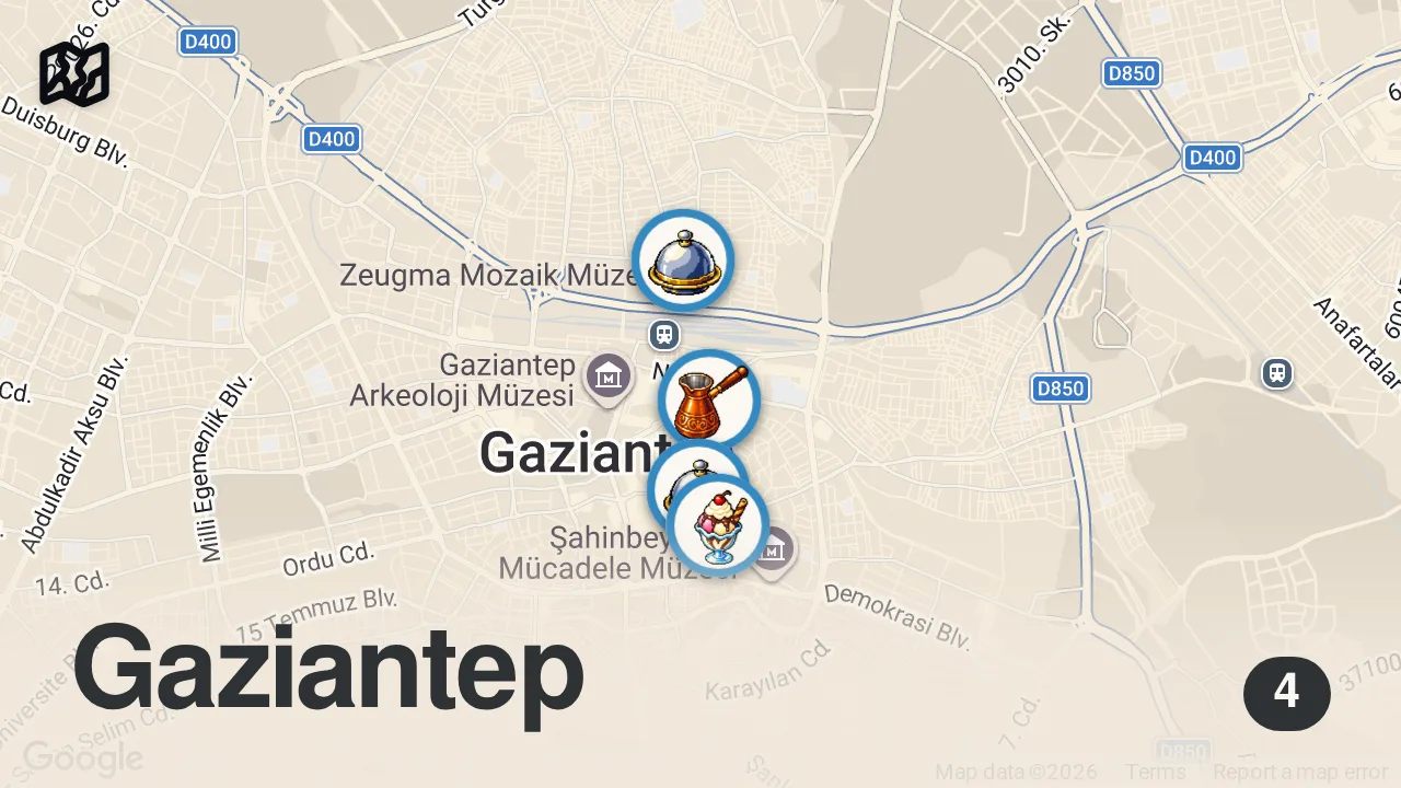 Map of 4 spots from GAZİANTEP'TE LEZZETLİ BİR GÜN - VLOG #9 - Ayaküstü Lezzetler