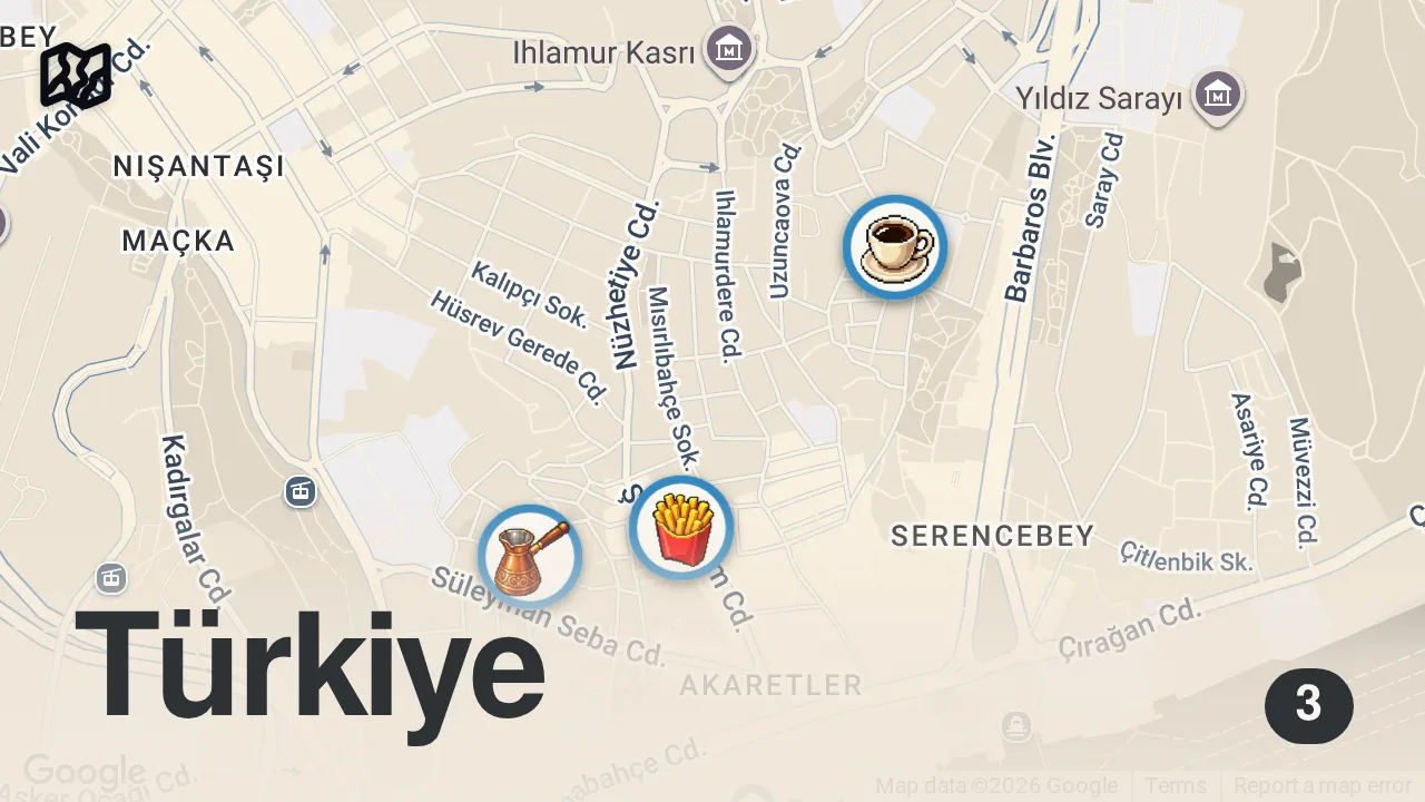 Map of 3 spots from Beşiktaş'ta Lezzet Turu: Antrikotlu mantı, ev usulü süt helvası, tavuk döner