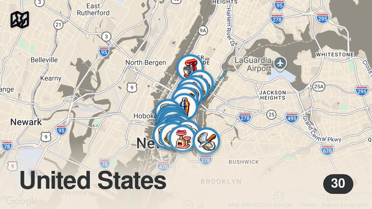 Map of 30 spots from Best Restaurants in NYC | My Favorite Spots for Brunch, Dinner & Dessert