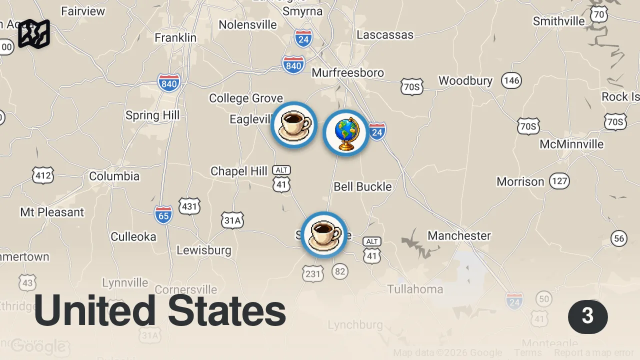 Map of 3 spots from Eating at Country Store Restaurants For 24 Hours...