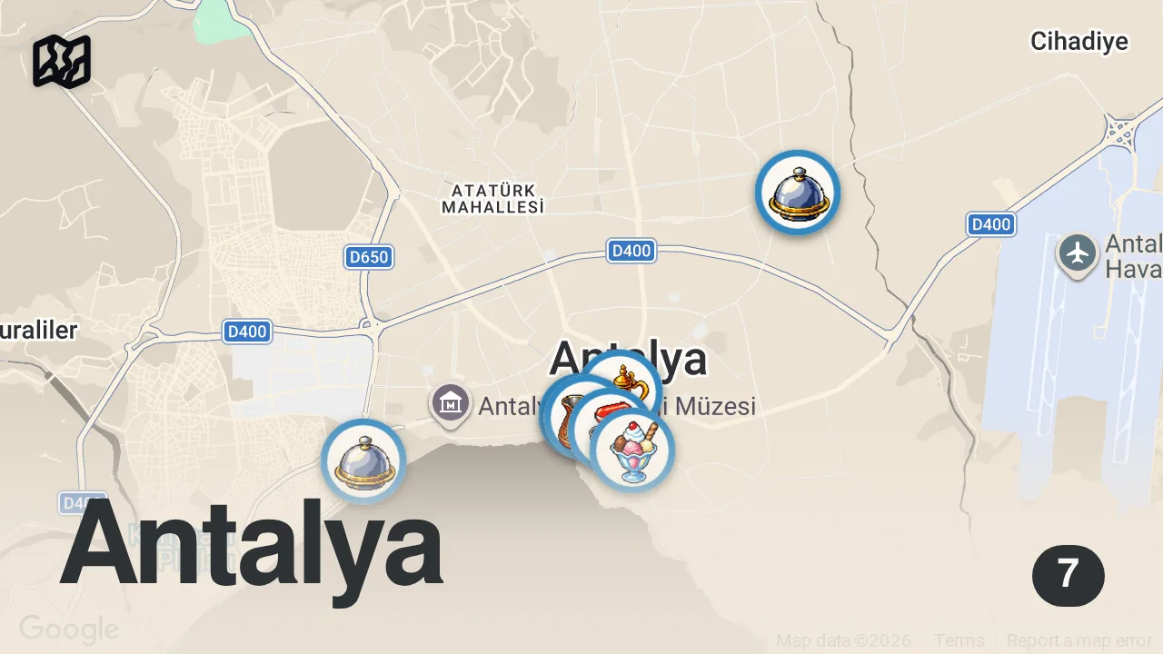 Map of 7 spots from ANTALYA LEZZET REHBERİ (Antalya piyazı, şiş köfte, yanıksı dondurma) - Ayaküstü Lezzetler