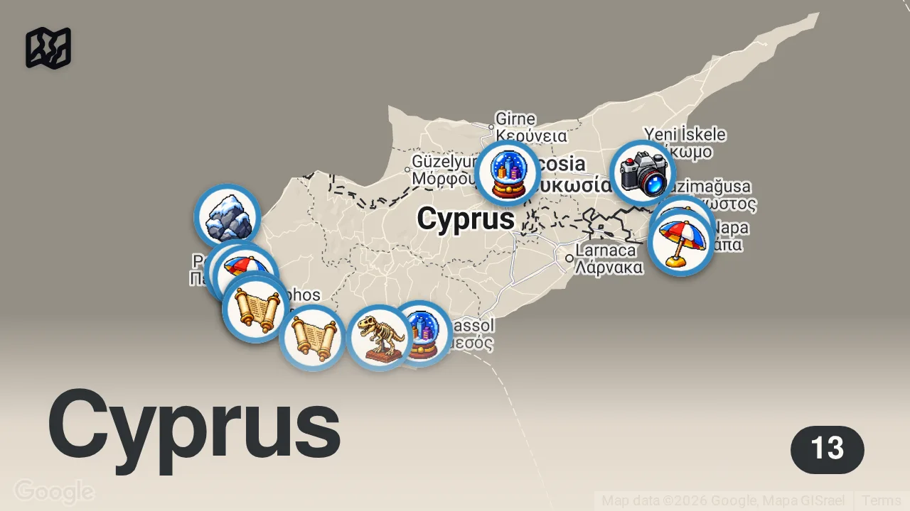 Map of 13 spots from Best Things To Do in Cyprus Travel Guide 2026 4K