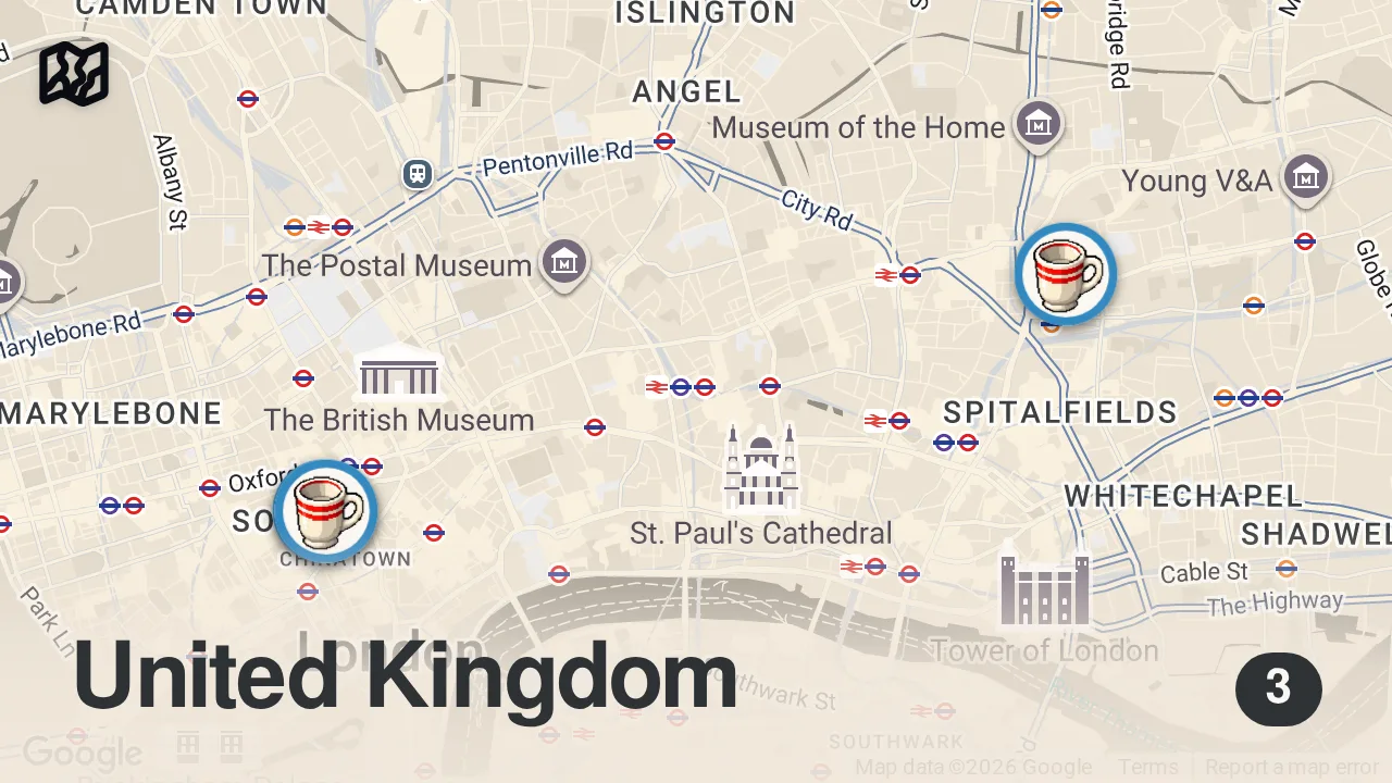 Map of 3 spots from Angela Hartnett’s Favorite Places to Eat in London | Where the Chefs Eat | Condé Nast Traveler