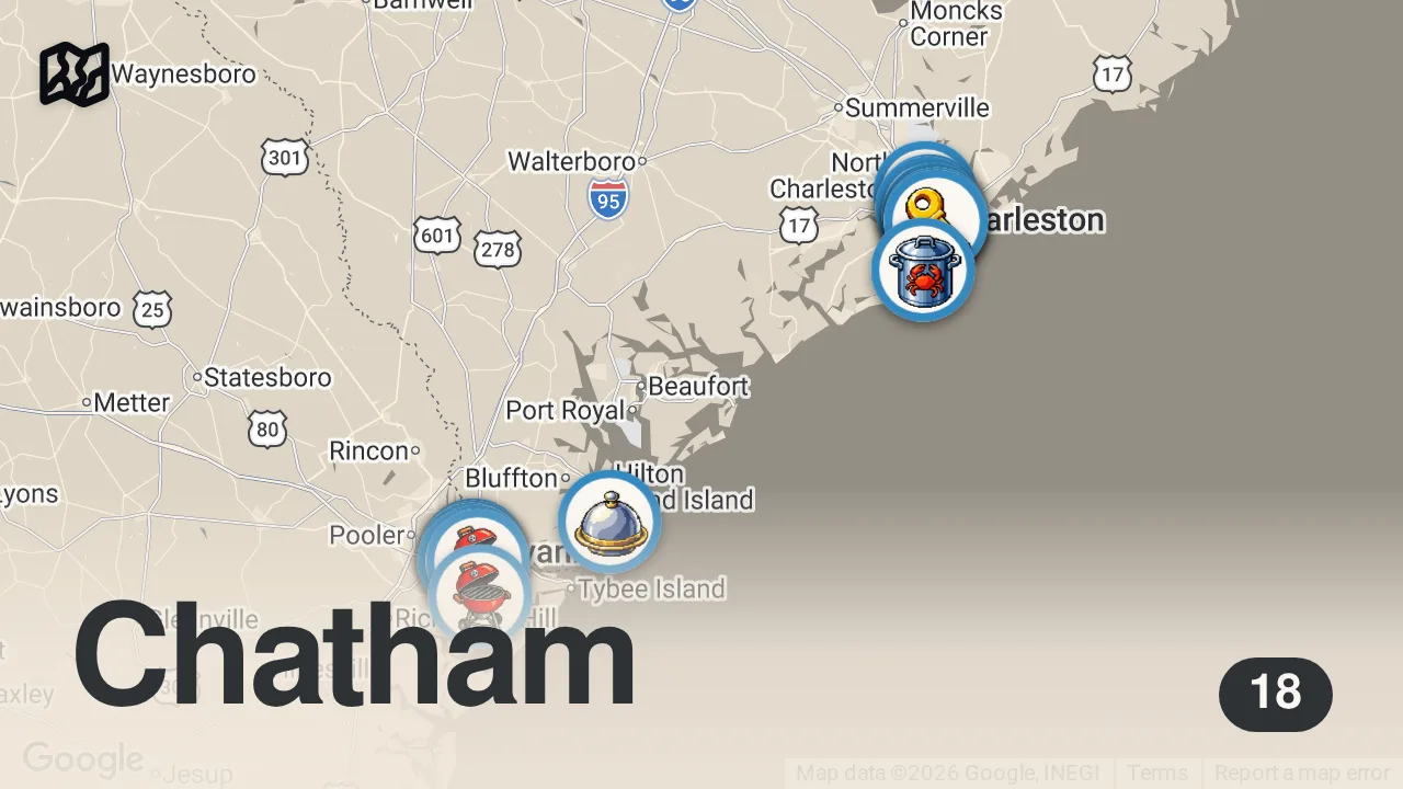 Map of 18 spots from I Went to Low Country USA for Food!! 🇺🇸