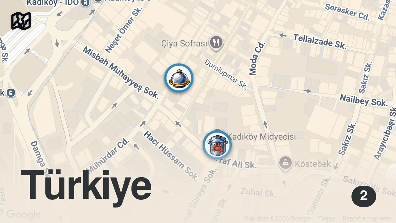 Map of 2 spots from HERGÜN BİNLERCE MİDYE SATAN VE 80 ÇEŞİT YEMEK SATAN ESNAF LOKANTASI #food