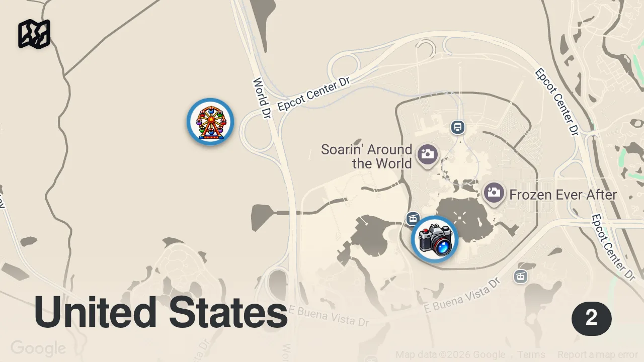 Map of 2 spots from Eating foods that cost the same amount as the temperature at Disney World #shorts
