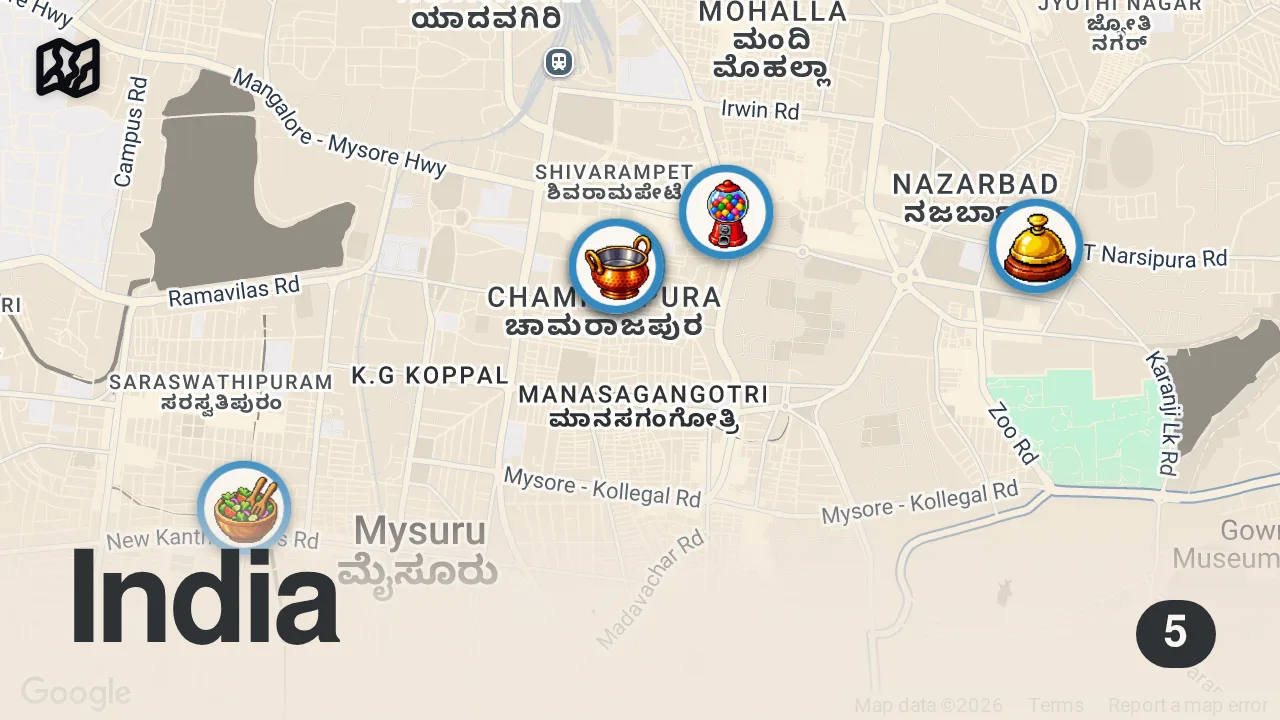 Map of 5 spots from Indian Street Food in Mysore!! CRAZY FOOD TOUR in Mysore, India!