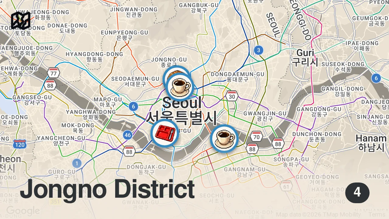 Map of 4 spots from 10 Best Cafes in Seoul | Korea