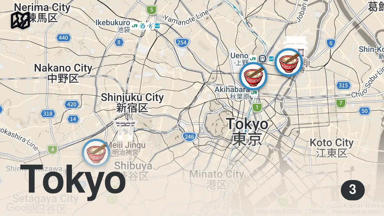 Map of 3 spots from Ranking Cheap to Expensive ramen in Tokyo! 🇯🇵