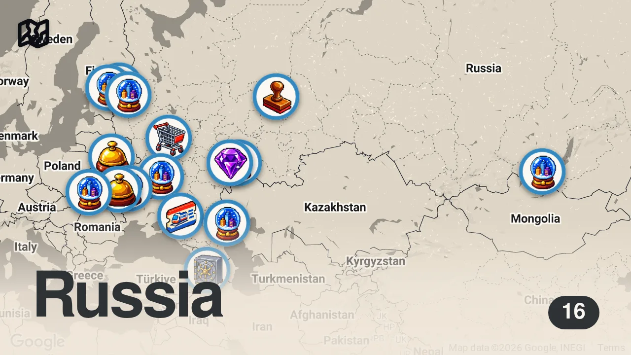 Map of 16 spots from 10 "Najniebezpieczniejszych" PRZESTĘPCÓW w ZSRR