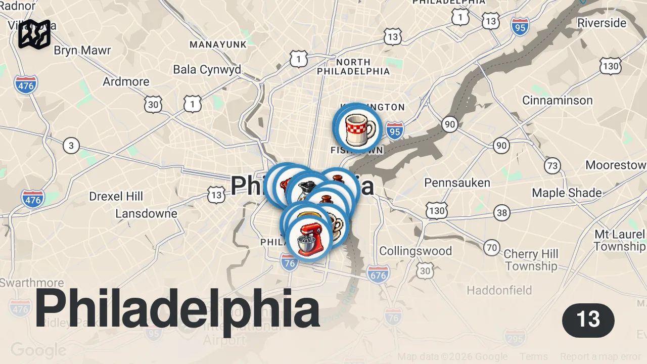 Map of 13 spots from Best hot chocolate in Philly!