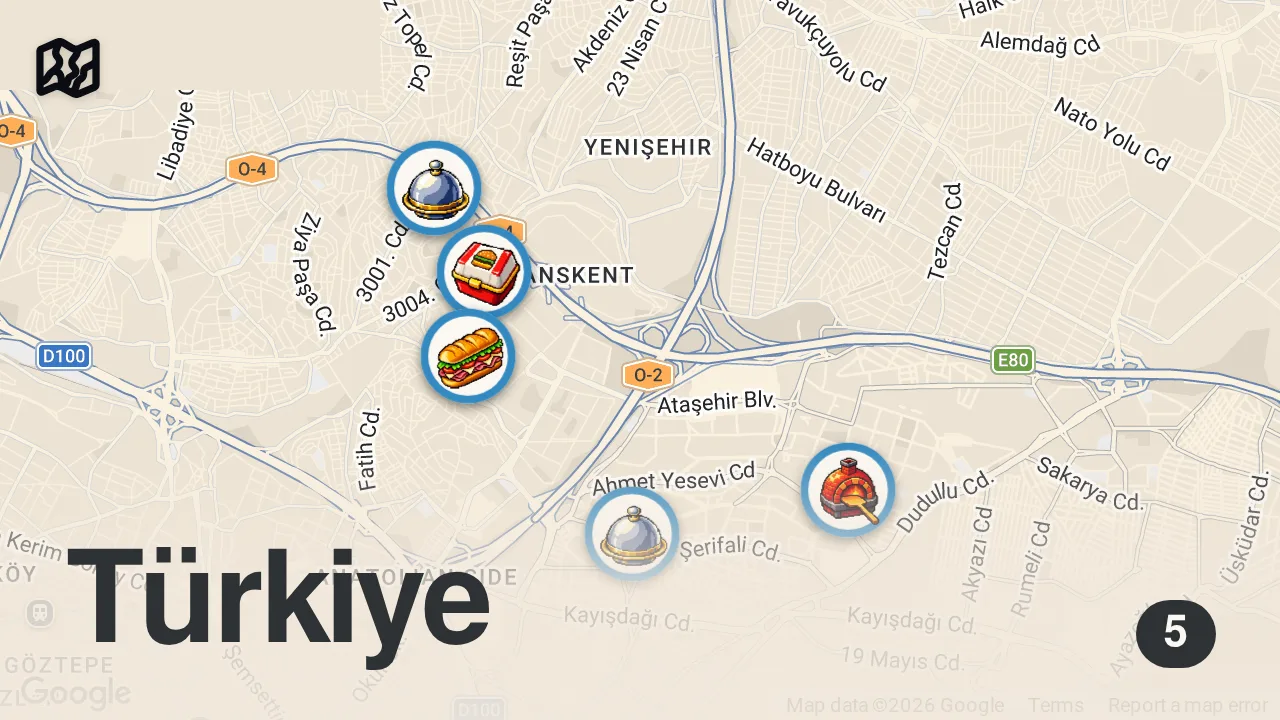 Map of 5 spots from İSTANBUL ATAŞEHİR’DE NE YENİR!!! @FIRATSOBUTAY