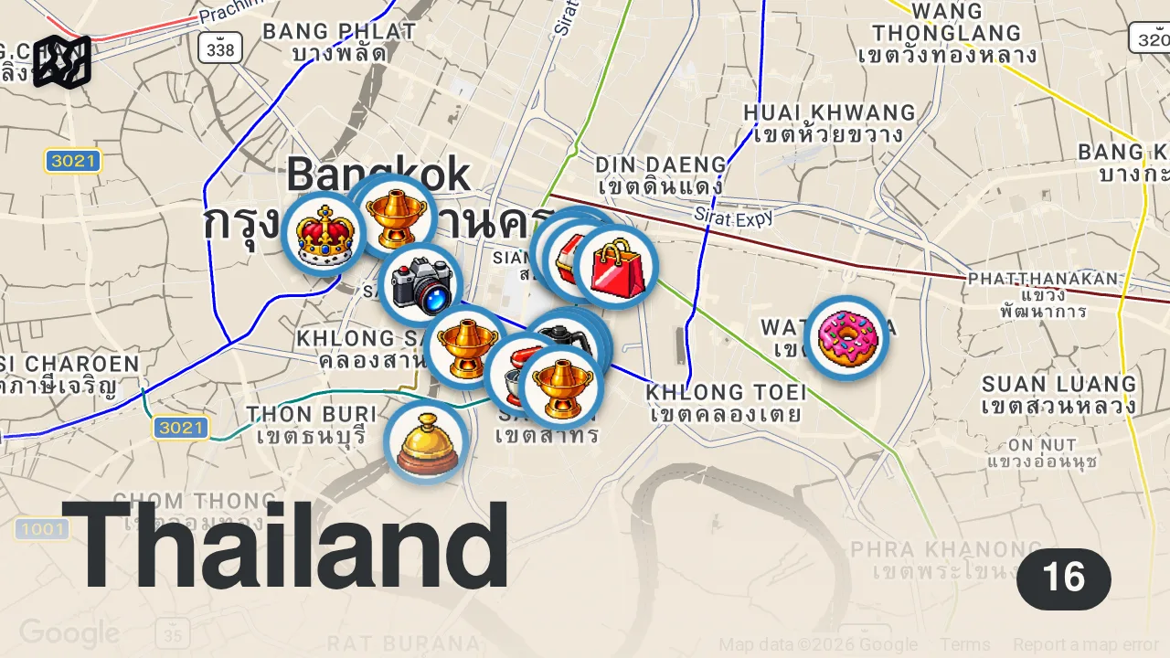 Map of 16 spots from BANGKOK REHBERİ | YENGEÇLİ OMLET, JAI FAY, PAD THAI, CHINATOWN, VİRAL LEZZETLER VE TURİST TUZAKLARI