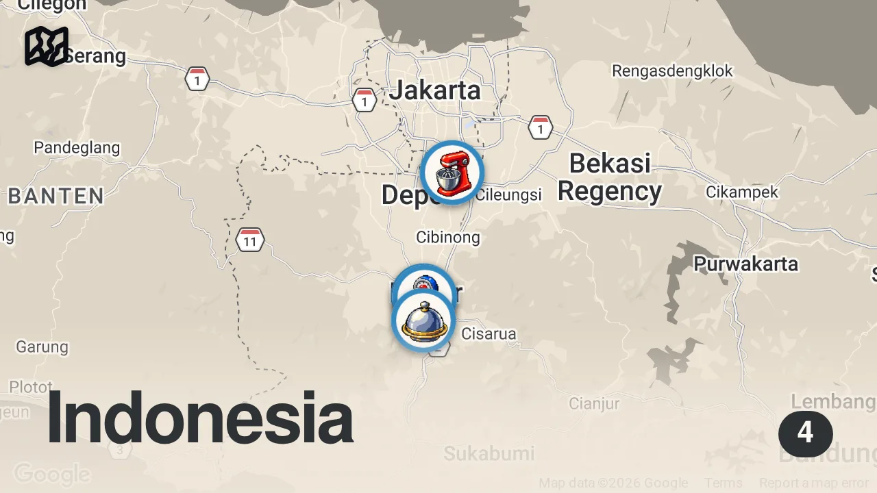 Map of 4 spots from BOGOR Street Food ๐ฎ๐ฉ MIE AYAM + MARTABAK + LAKSA - Indonesian street food