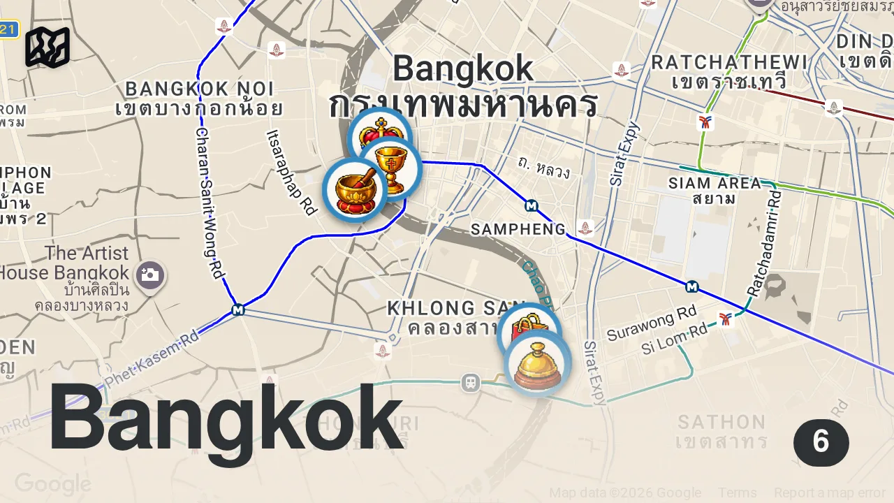 Map of 6 spots from Inside Bangkok's Ultra Luxury Riverside Escape