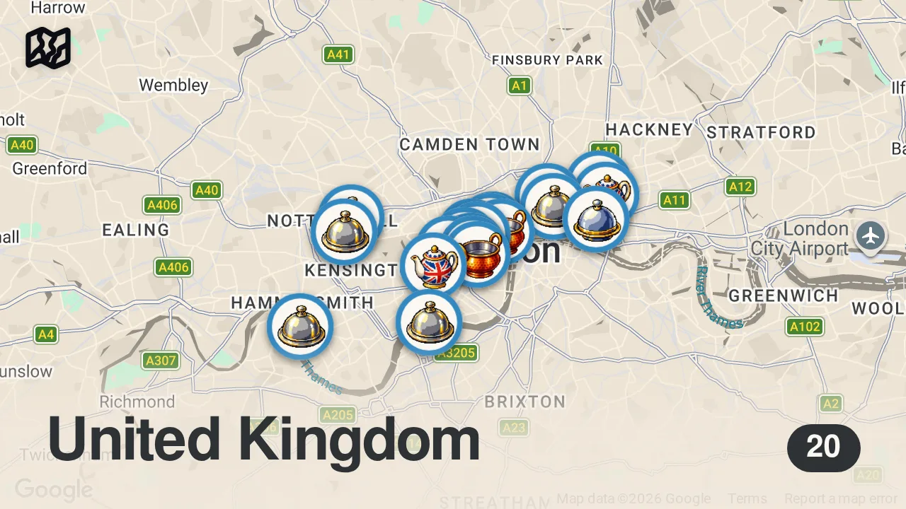 Map of 20 spots from 20 Best Restaurants in London - Michelin Stars & Hidden Gems!
