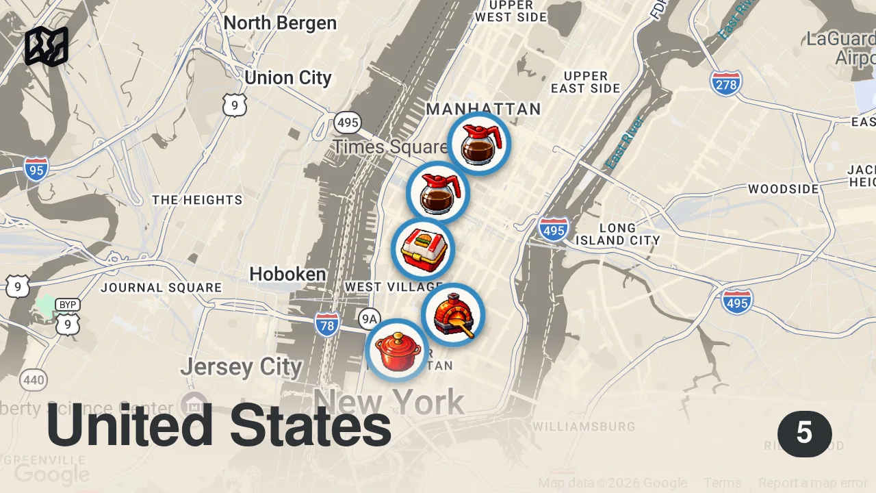 Map of 5 spots from I Ate at The WORST Restaurants in New York City
